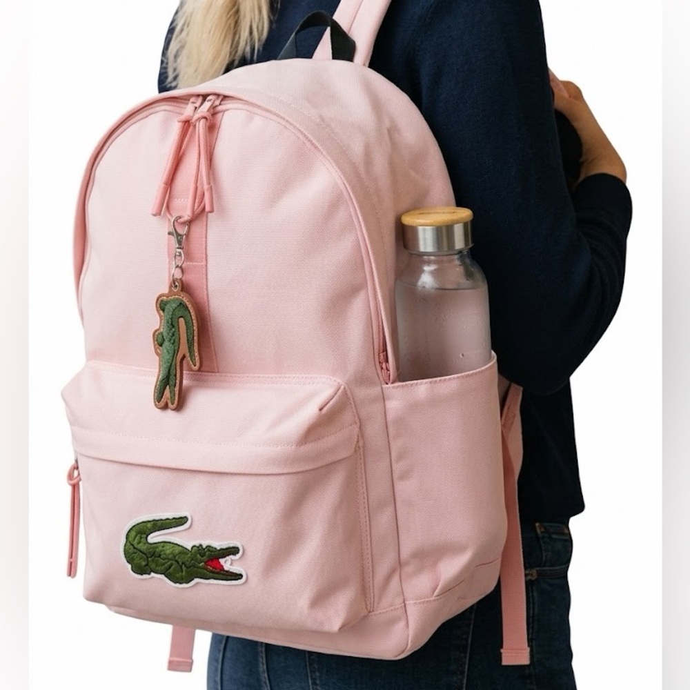 Lacoste Backpack Pink Laptop Teens, Girls Women Preppy School Travel Bag